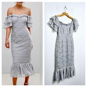 ASOS Lace Off Shoulder Pencil Midi Dress Ruffle Hem Bodycon Size 4 Formal